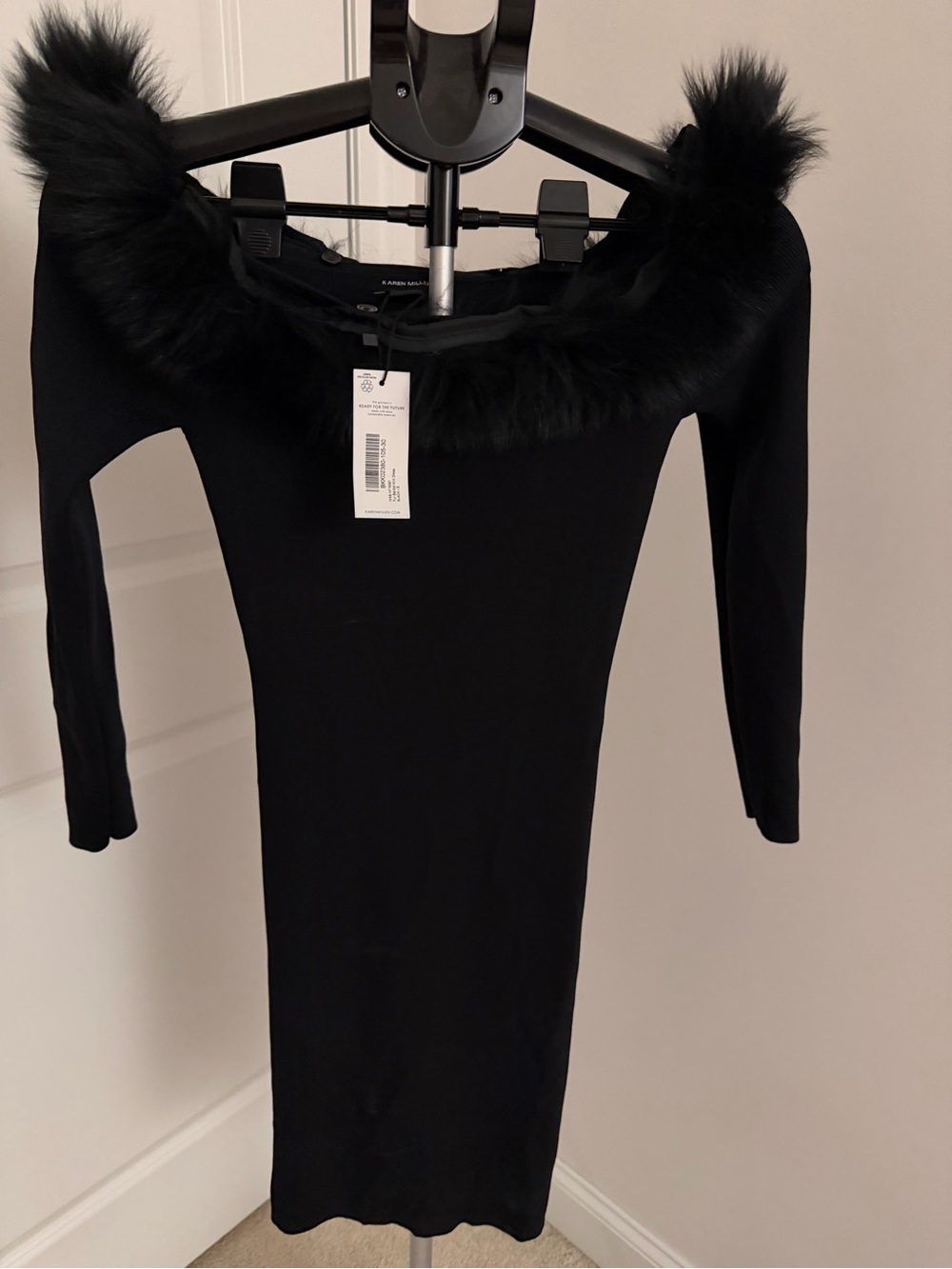 Karen Millen Black Faux-Fur Trim Long Sleeve Bodycon Dress